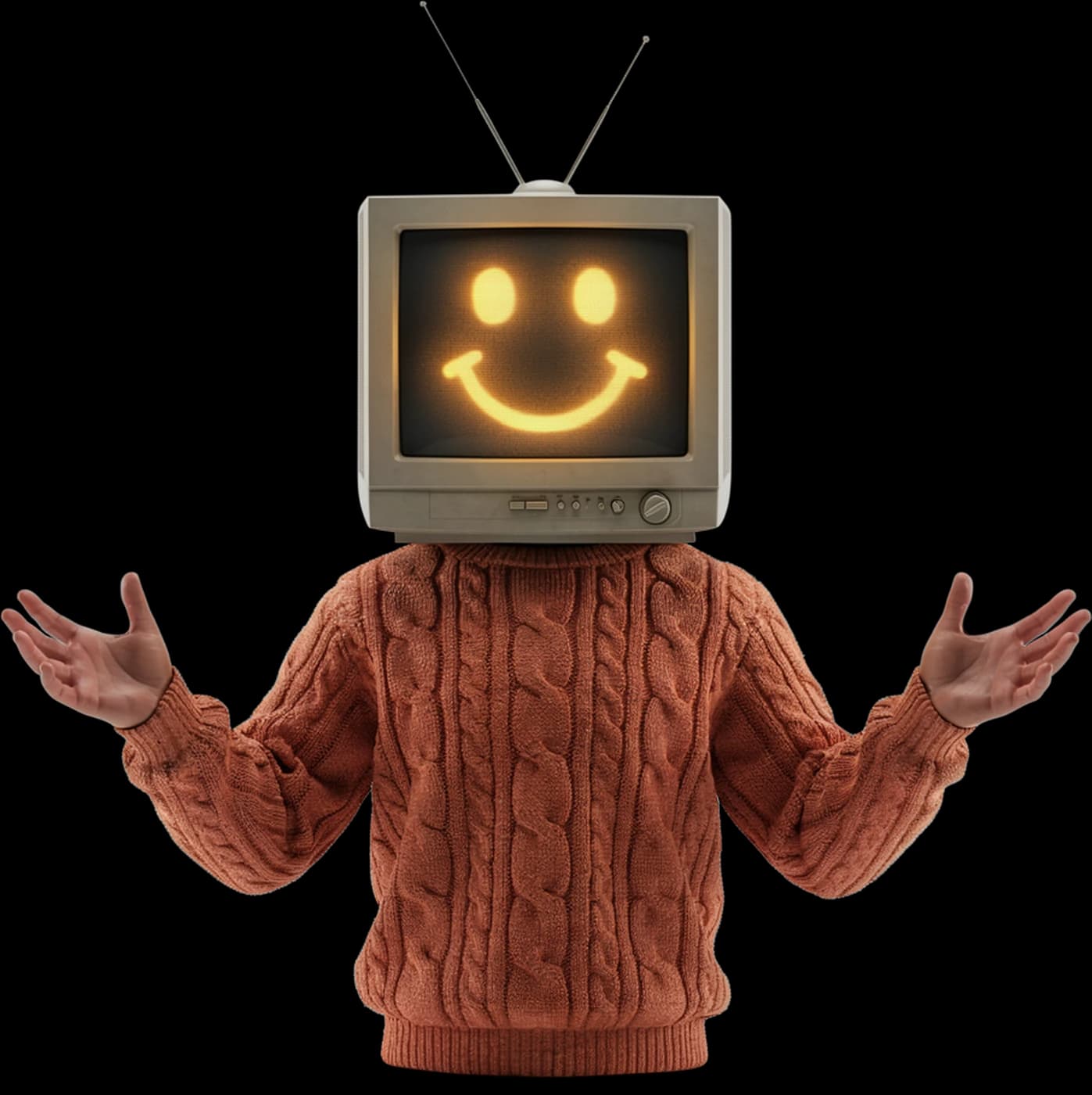 Figure in a knitted sweater with an aerial-topped TV for a head showing a smiley face, arms open
