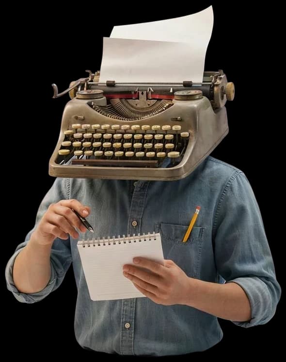 Figure with a notebook for a head, pen in hand, standing beside a stack of papers