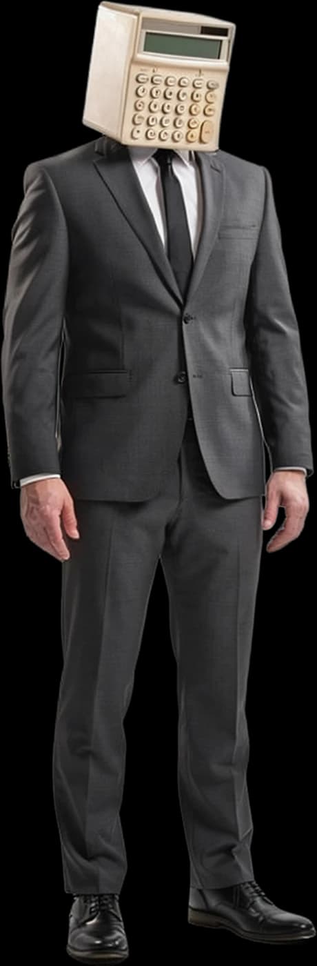 Figure in a gray suit with a desk calculator for a head