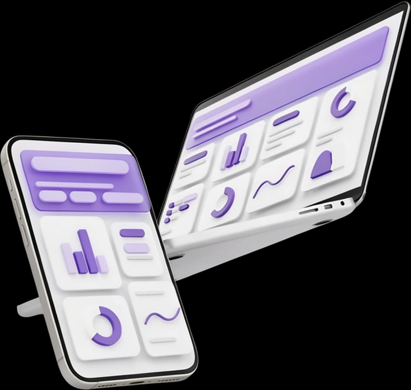 A laptop and a phone showing a violet dashboard interface