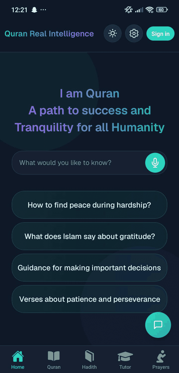 The QuranRI mobile app home screen on an Android phone, showing the ask box and sections for Quran, Hadith, Tutor and Prayers
