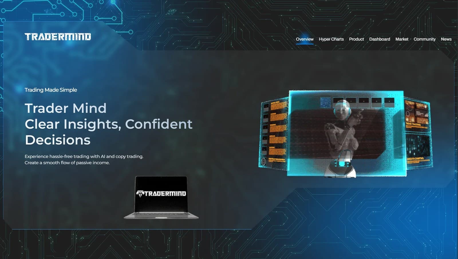 The TraderMind marketing site hero reading Clear Insights, Confident Decisions