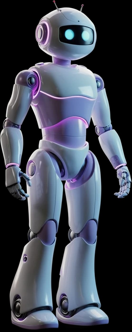 Humanoid robot character standing, white and violet with glowing eyes