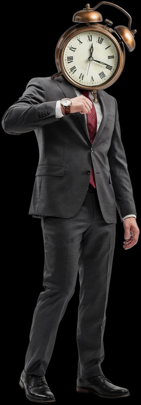Figure in a gray suit with an alarm clock for a head, checking a wristwatch